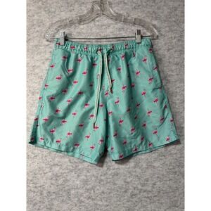 Surf Society Mens Medium Aqua Flamingo Print Drawstring Swim Trunks Shorts